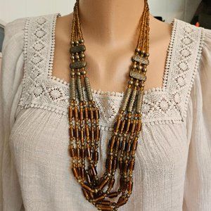 Vintage multi Layer Glass with Antiqued Brass Beads long Necklace